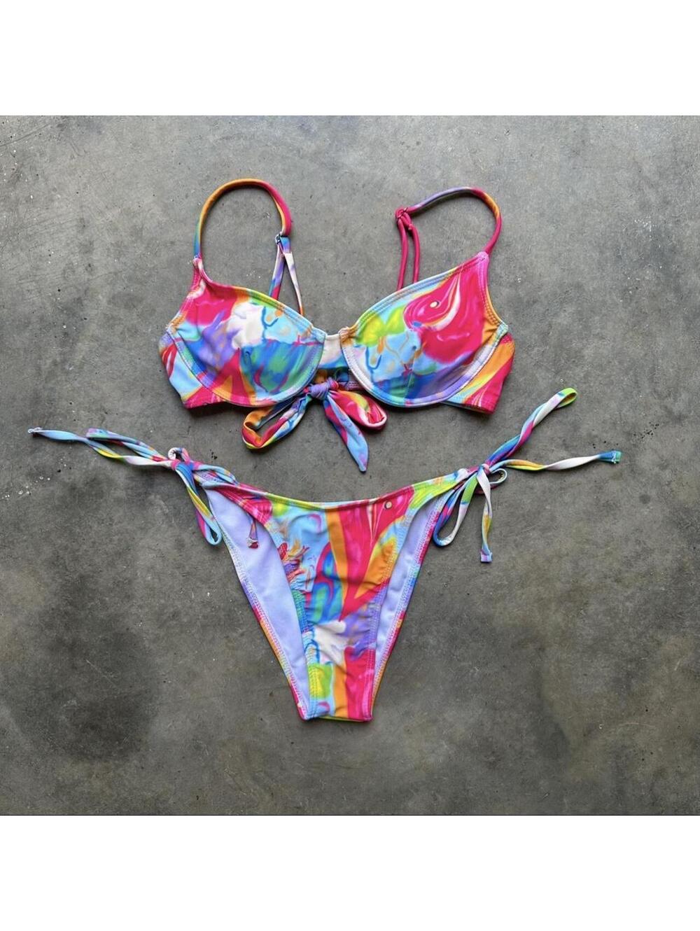 Multi-colored tie-dye bikini set in size S